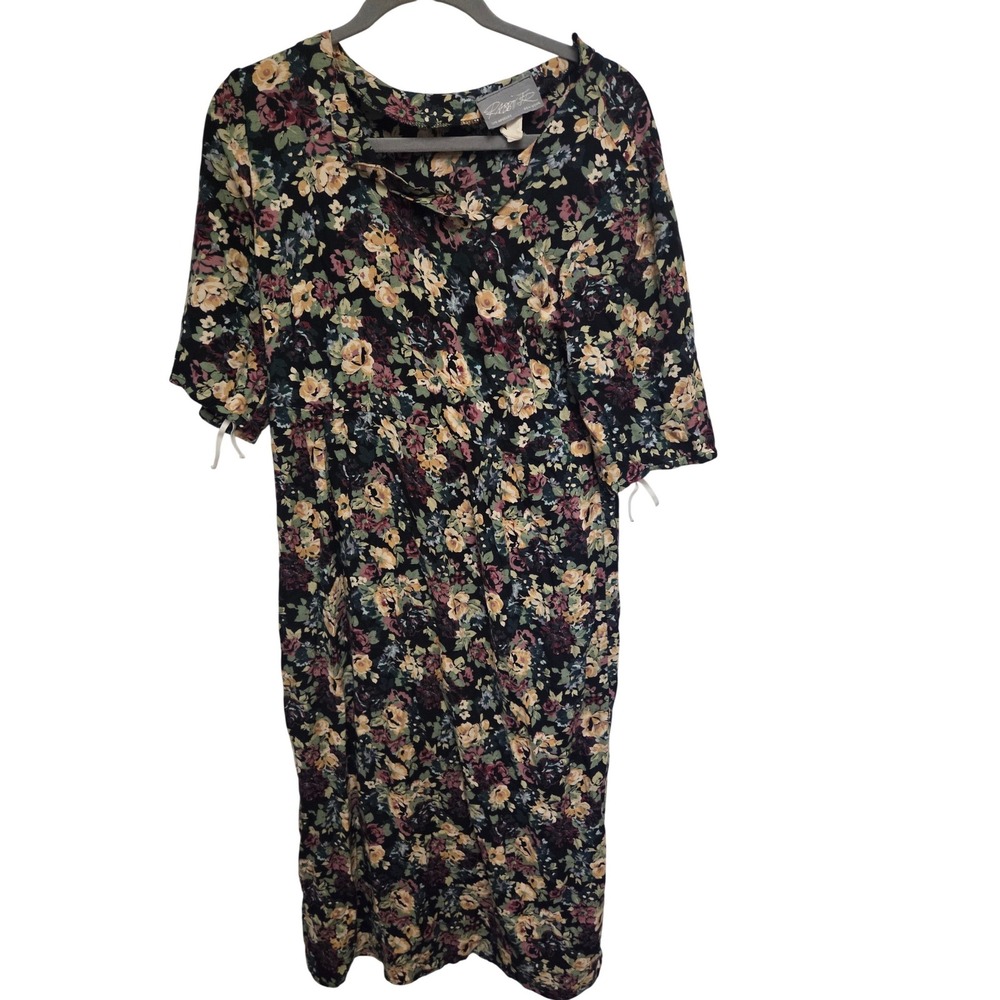 Passi Rx New‎ York Floral Midi Dress Black Multi Color V Neck Short Sleeve